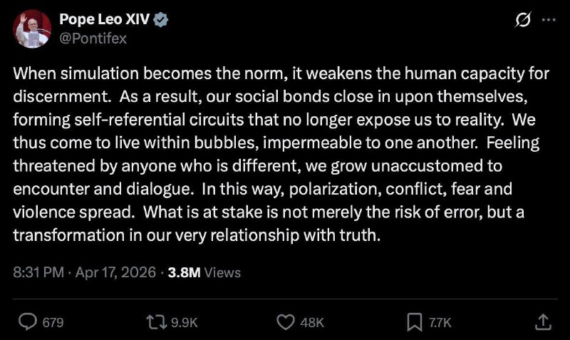 Папа Лев XIV: жизнь в симуляции разрушает диалог и ведет к насилию