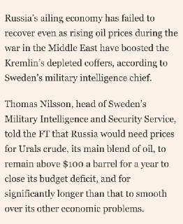 Глава военной разведки Швеции высказался о ценах на нефть и инфляции в России