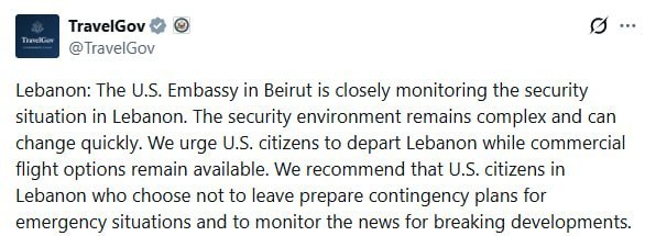 Посольство США призвало граждан покинуть Ливан из-за угрозы безопасности