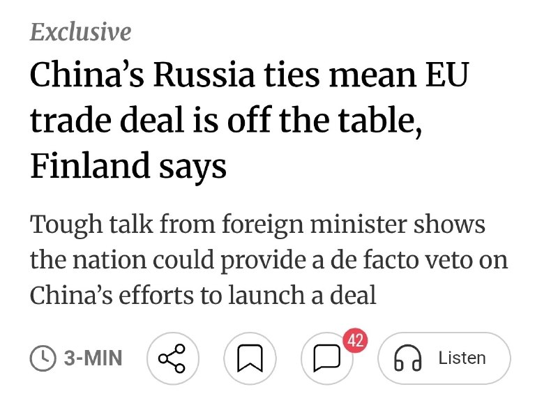 Финляндия может пригрозить Китаю остановкой торгового соглашения с ЕС из-за его торговли с Россией