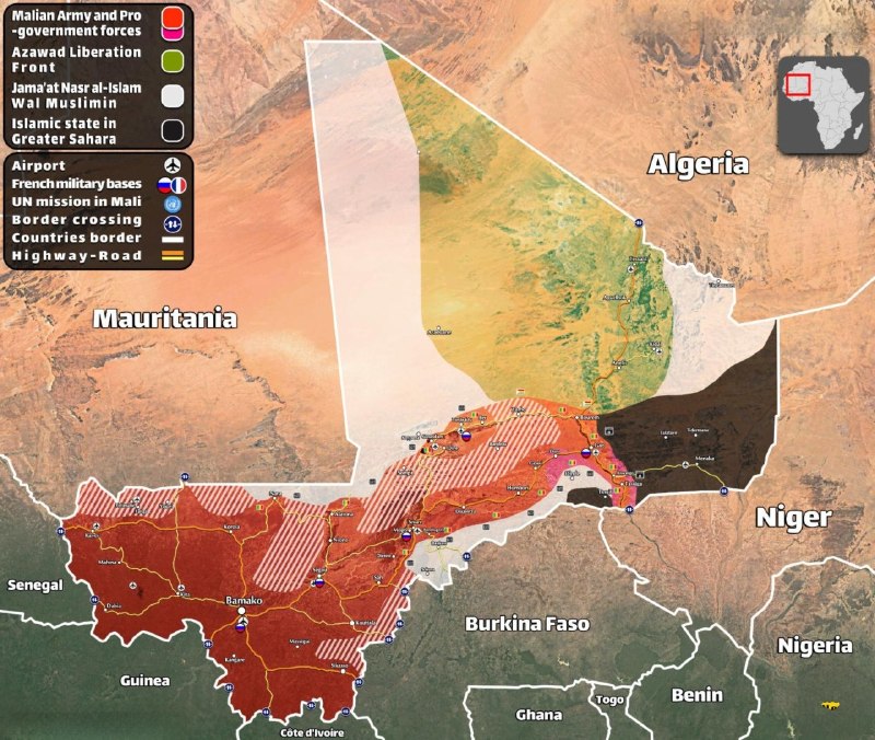 Территориальный расклад действий боевиков в Мали против правительственных сил и Африканского корпуса РФ