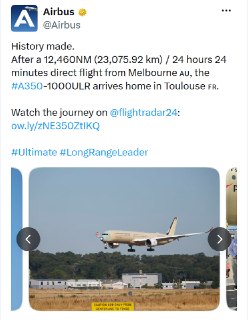 Airbus совершил сверхдальний беспосадочный перелет из Австралии во Францию