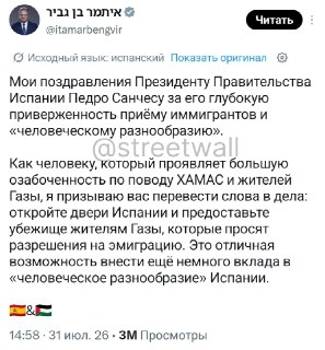 Министр нацбезопасности Израиля предложил Испании принять мигрантов из Африки и палестинцев из Газы