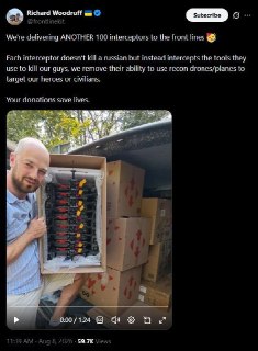 Британский волонтёр Ричард Вудрафф снова опубликовал пост о передаче дронов-перехватчиков в войска