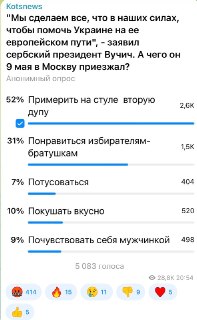 Опрос: 52% подписчиков считают рукопожатие Вучича с Зеленским ошибкой