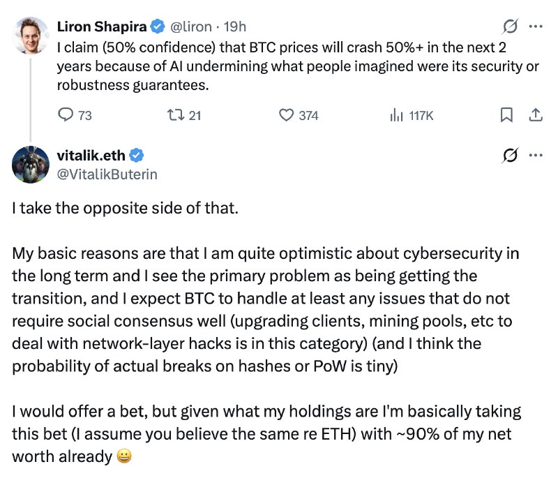 Бутерин не поверил в сценарий, где ИИ обрушит биткоин
