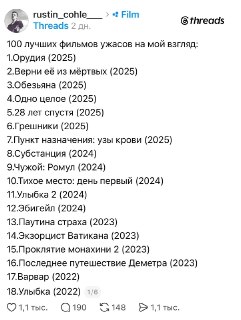 В Threads завирусилась подборка из 100 фильмов ужасов