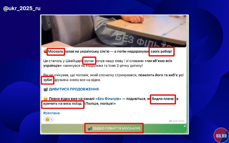 Украинские Telegram-каналы распространяют фейковое видео, представляя его как избиение россиянина в Швейцарии.