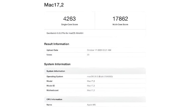 Apple M5 установил рекорд производительности в Geekbench
