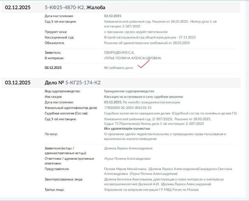 Дело Долиной: Верховный суд истребовал материалы к рассмотрению