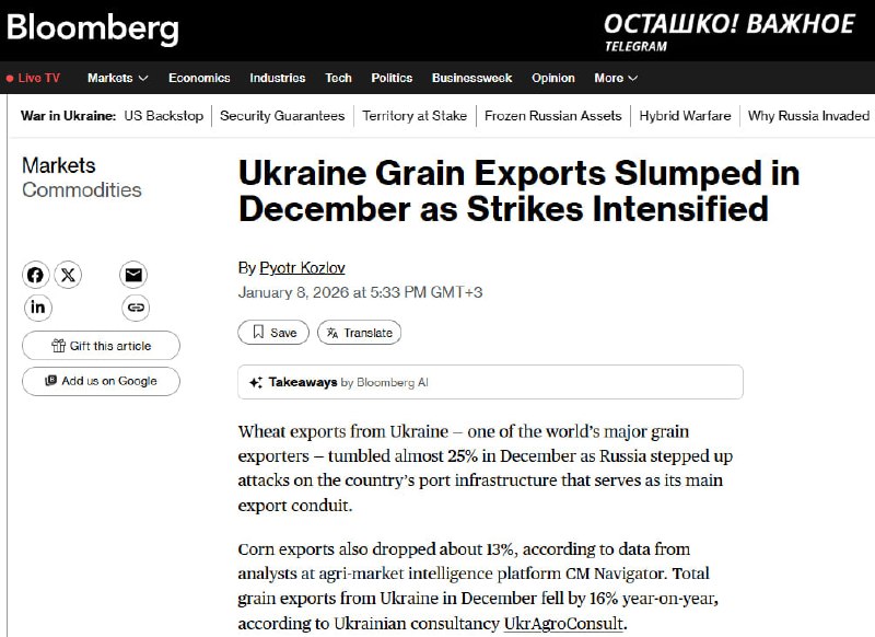 Сокращение экспорта зерна из Украины из-за взрывов в портах